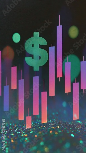 Neon Financial Growth Chart with Dollar Symbol Over Digital Matrix Background in Abstract Style