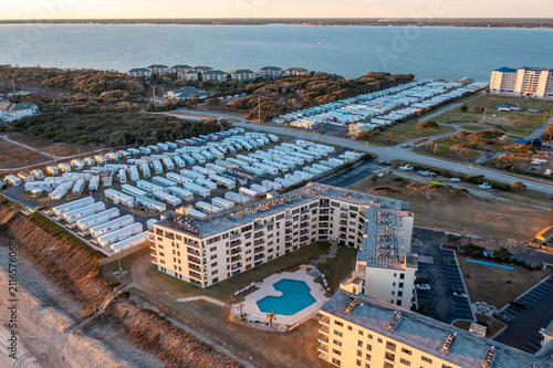 Aerial View of a Trailer Park Next to a Luxury Condo in Indian Beach North Carolina