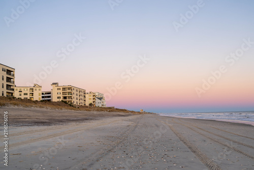 Indian Beach at Sunset With a Colorful Sky and Buildings in North Carolina