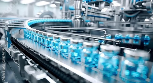 Automated production line with glass ampoules filled with blue liquid medicine moving along a conveyor belt in a modern pharmaceutical factory, illustrating mass drug or vaccine manufacturing