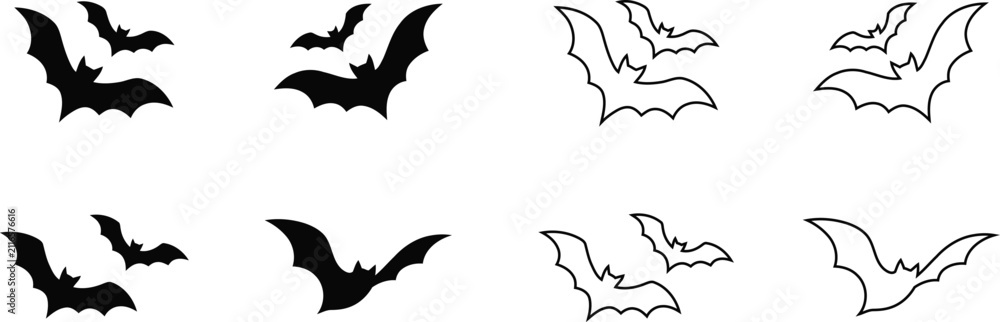 Fototapeta premium Collection of various bat silhouettes and line art illustrations isolated on a white background for halloween design projects