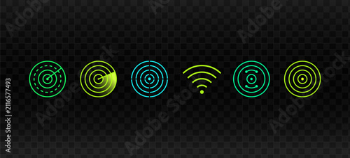 Futuristic neon HUD radar icon set with cyber scanner interface, target reticles, digital tracking symbols and gaming UI elements isolated on transparent PNG background