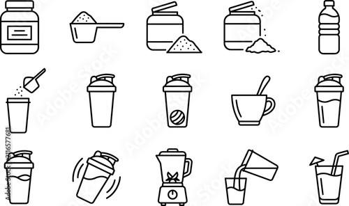 Collection of fifteen minimalist black and white line art icons representing various aspects of protein supplementation, fitness nutrition, beverage preparation, and healthy hydration practices.