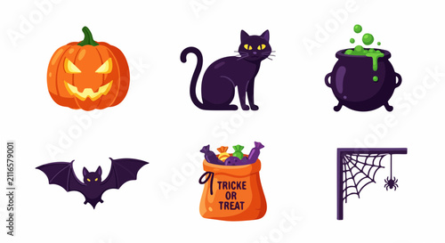 Halloween Icons Set Featuring Jack O Lantern Black Cat Cauldron Bat Candy Bag Spider Web