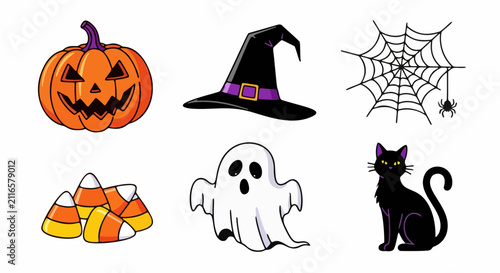 Halloween Icons Set Featuring Jack O Lantern Witch Hat Spider Web Ghost Candy Corn Black Cat