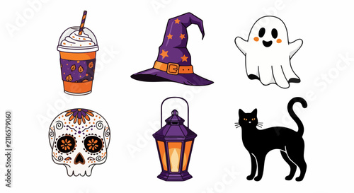 Halloween Icons Collection Featuring Pumpkin Spice Drink Witch Hat Ghost Sugar Skull Lantern and Black Cat