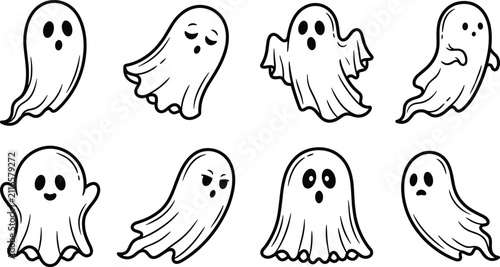 Photography Set of cute ghost with various expressions and poses for halloween decorations a