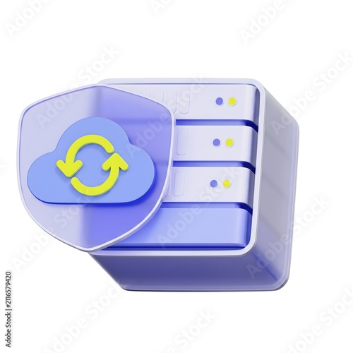 3D Secure Cloud Backup Server Rack Illustration | Cloud Sync Data Protection Technology