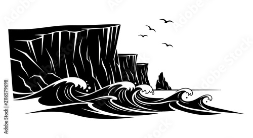 Bild auf Leinwand Coastal cliffs and waves black and white silhouette