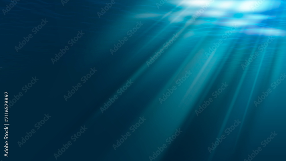 Fototapeta premium Sun shining through ocean surface, underwater view. Banner design