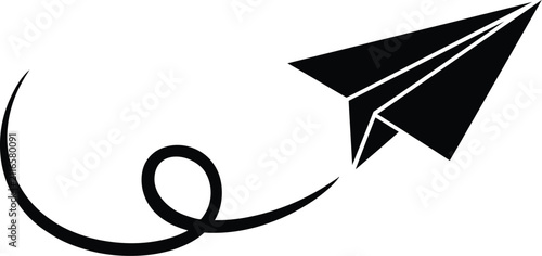 Black silhouette of a paper airplane flying with a curved trailing line, travel and communication concept, isolated on a white background