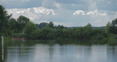 Static tripod shot of a scenic lake with forest reflection under cloudy sky