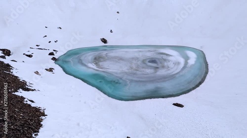 Close-Up Drone View of Frozen Blue Roopkund Lake in the Himalayas