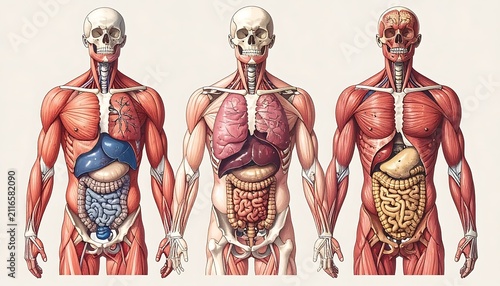 Human anatomy set showing skeletal system, musculature, and internal organs, medical illustration