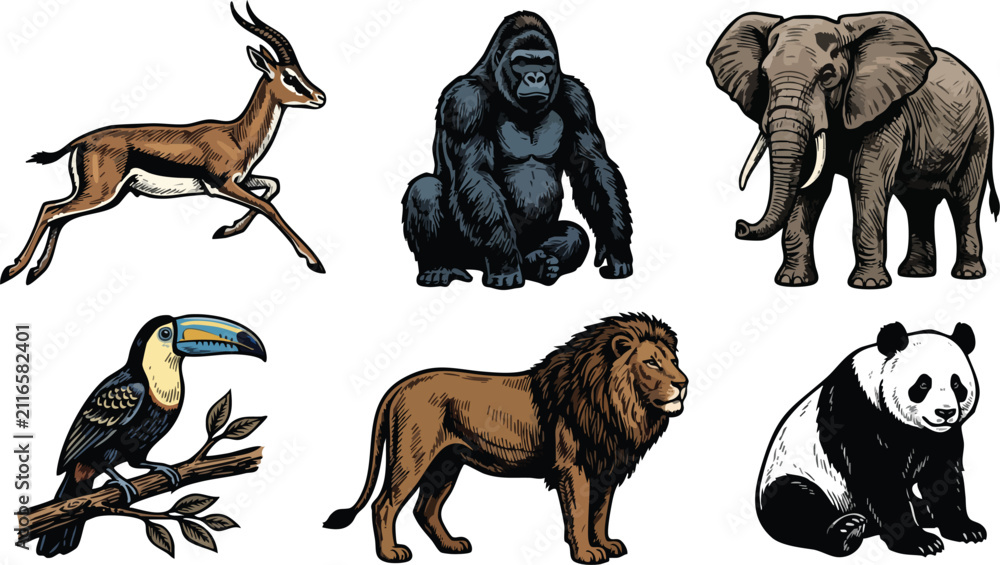 Obraz premium Animals including a gorilla and elephant are showcased in a realistic hand-drawn sketch style.