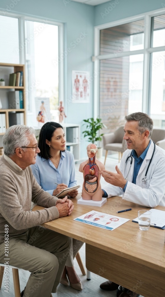 Fototapeta premium Doctor Explains Medical Information With Anatomical Model To Senior Couple