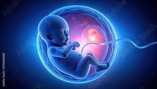 Human fetus developing inside amniotic sac, glowing blue light, scientific illustration, concept of birth and life