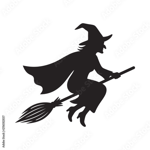 Foto Witch silhouette flying on broomstick, black halloween character with cape and h