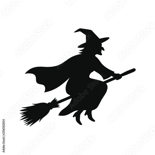 Quadro su tela Witch silhouette flying on broomstick, spooky Halloween character vector, mystic
