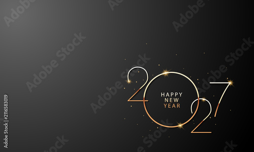 Minimal Happy New Year 2027 with elegant golden line typography and sparkling accents on a dark background.