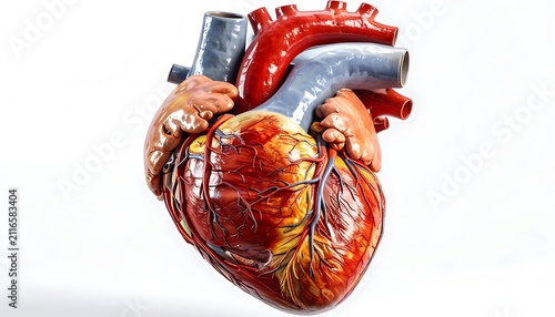 Human heart anatomy model, detailed blood vessels and chambers, realistic medical illustration on white background