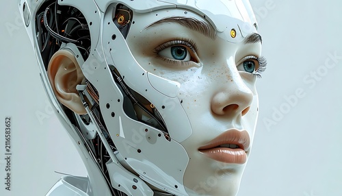 Humanoid robot face profile, intricate cybernetic details, blue eyes, artificial intelligence concept, futuristic android portrait
