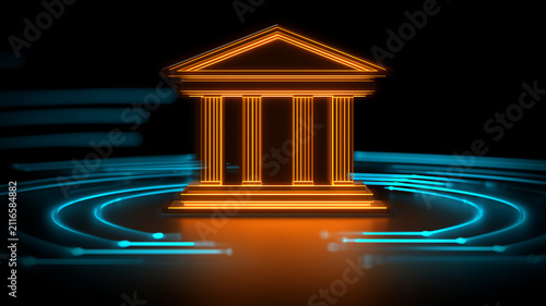 A bank building formed by digital light represents financial technology and the modernization of banking services.
