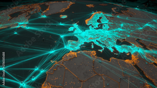 A connected map of Europe with global network routes representing international communication and digital infrastructure
