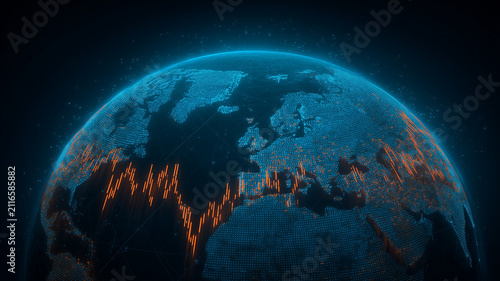 A digital globe covered by financial charts representing global market trading and international investment analysis
