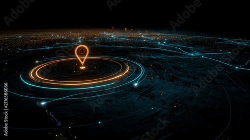 A location pin surrounded by navigation paths on a digital map representing geolocation tracking and route planning
