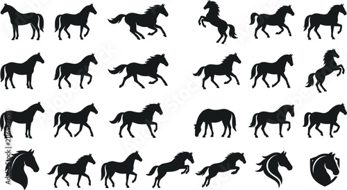 Bild auf Leinwand Large Vector Collection of Solid Black Horse Silhouettes Comparing Standing Gall