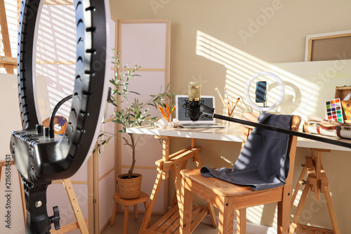 Bloggers workplace with lap...