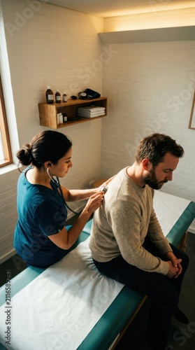 Doctor Examining Patient's Back With Stethoscope During Medical Checkup In Clinic Room