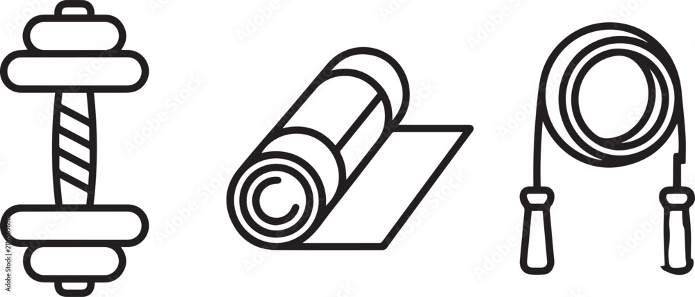 Fototapeta premium Set of fitness equipment icons including dumbbell, yoga mat, and jump rope singles day
