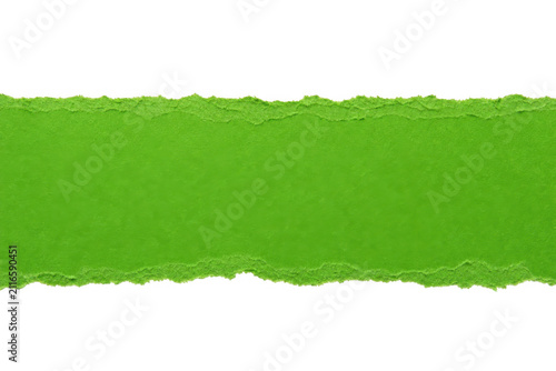 A horizontal torn green paper strip with fragment, material, background isolated on transparent background