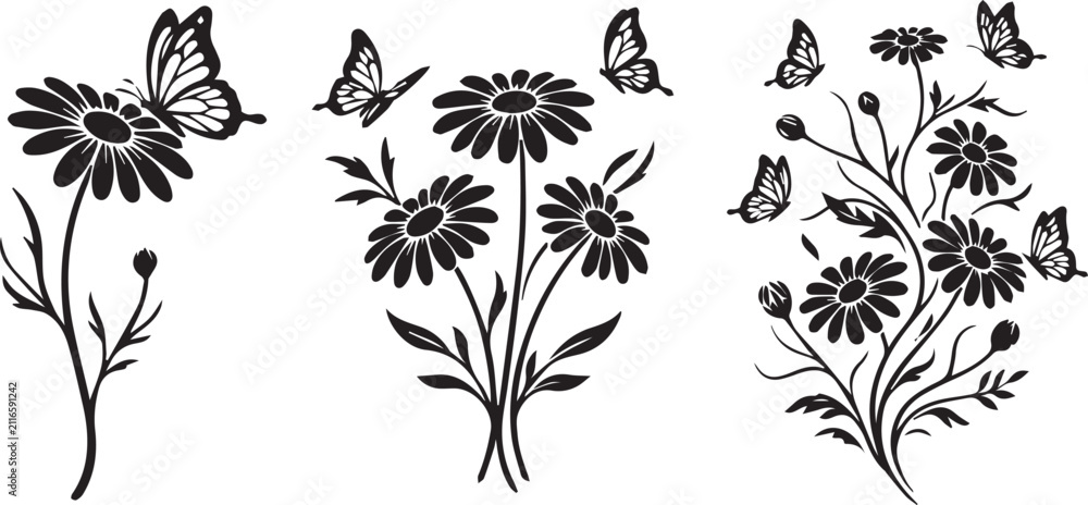 Fototapeta premium Hand-drawn blue cornflowers with flying butterflies illustration. Delicate floral botanical sketch for nature-themed designs and decor.