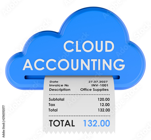 Cloud accounting icon printing invoice receipt for online bookkeeping. 3D rendering