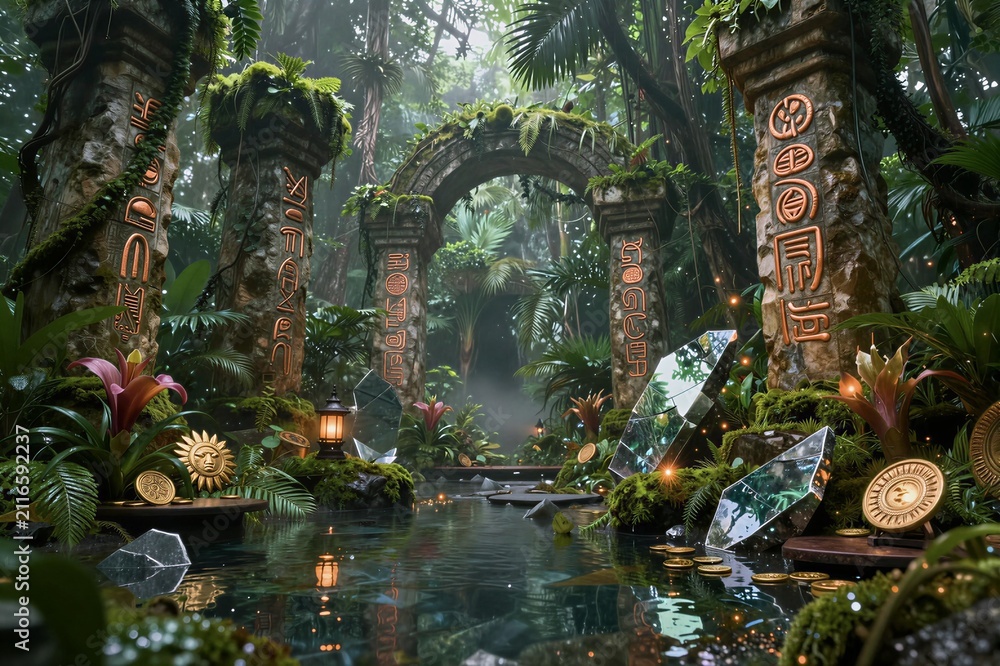 Fototapeta premium Overgrown stone ruins with pillars and crystals beside pond