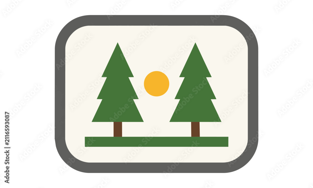 Fototapeta premium Minimalist coniferous forest icon with stylized trees and sun inside a rounded rectangular frame isolated on a white background nature conservation concept