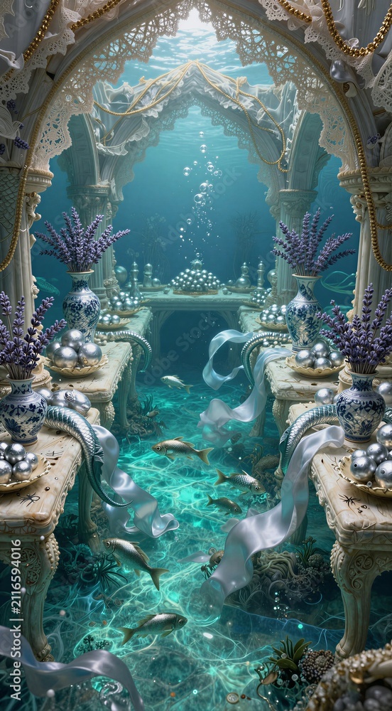 Obraz premium Ornate underwater corridor with vases and swimming fish