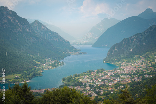 Canvas Print Scenic high angle view of Lago d'Idro surrounded by mountains in Italy ideal for