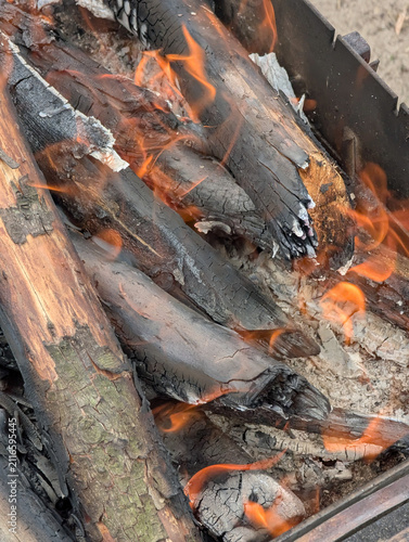 Small flames flicker in the embers of a campfire. The thin branches of the firewood burn down to create heat for searing meat. A delicious prelude to an outdoor lunch on a clear day.