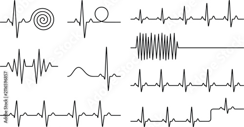 Heartbeat Line ECG Set with Various Medical Pulse Waves and Cardiac Rhythm Vector Icons