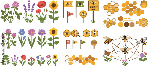 Pixel art pollinator garden set with wildflowers honeybees honeycombs and eco friendly signs