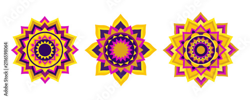 Set of three colorful Diwali mandala rangoli icons isolated on white background. Indian culture. Colorful floral geometric ornaments. Flat style. Vector illustration