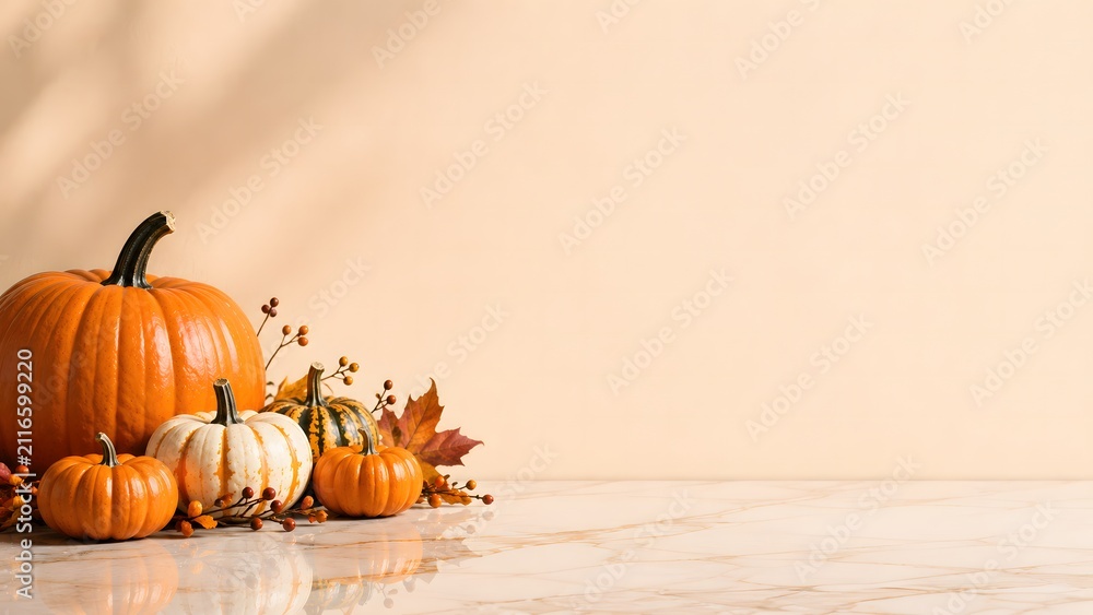 Obraz premium Minimalist halloween background with small pumpkins and autumn leaves on a light beige surface with copy space
