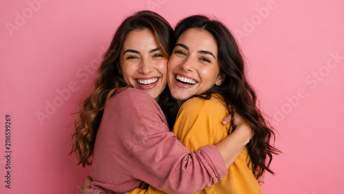 Two smiling women embracing a portrait photograph with a pink background affection amity bond candid close up companionship connection contentment embrace female friendship genuine gladness happiness