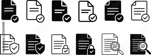 black and white document icons with security and verification symbols