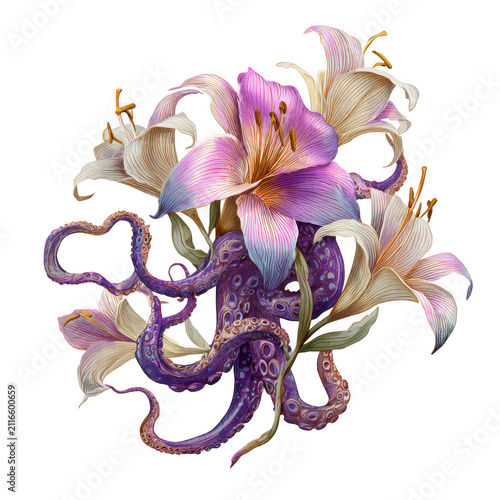 Surreal octopus tentacles entwined with lilies isolated on transparent background