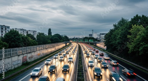 Rush Hour Traffic Jam On The Autobahn In The Evening Light